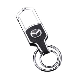 [HisAuto] Genuine Leather Car Logo Key Chain with Top Diamond, Stainless Steel Keychain for Key Ring Accessories (Mazda), Mazda