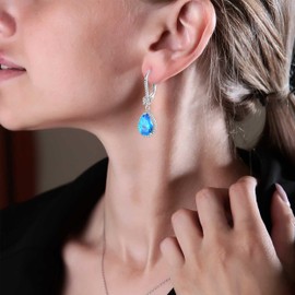 Oskani Teardrop Leverback Birthstone Earrings for Women 925 Sterling Silver 5A Cubic Zircon Dangle Drop March Birthstone Aquamarine Earrings Jewelry Anniversary Birthday Christmas for Her