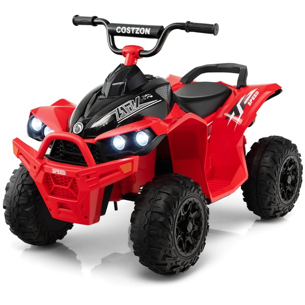 Costzon Kids ATV, 12V Battery Powered Electric Vehicle with High/Low Speed, Treaded Tires, Headlights, Horn, Music, Forward & Backward, Gift for Boys & Girls, Ride on 4 Wheeler Quad (Red)