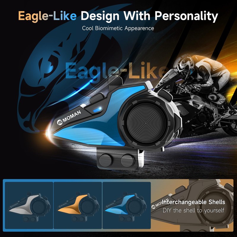 Moman Motorcycle Intercom, H2E Eagle-Like Helmet Headset Communication System with