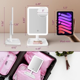 FUNTOUCH Espejo de maquillaje recargable con luces de 2000 mAh, espejo de maquillaje con luces y aumento de 10 veces, iluminación de 3 colores, rotación de 360 °, espejo de maquillaje con