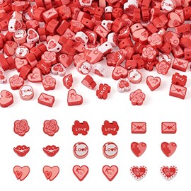 Beadthoven - 270 abalorio de arcilla polimérica para el día de San Valentín, surtidas de corazón rojo, rosas, sobre planas, redondas, espaciadoras Heishi, abalorio sueltas para hacer joyas, pulseras,