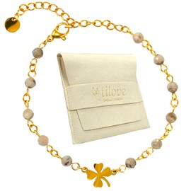 Tilove Natural Stone Labradorite Healing Stone for Women with Clover Lucky Charm Stainless Steel Bracelet Designed in France Chakra Bracelet Wellbeing Gift Idea for Women Ladies 16cm +, Stainless