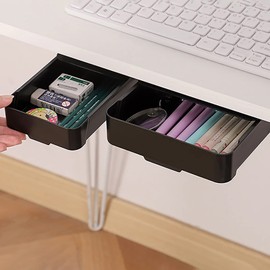 Paquete de 2 cajones para debajo del escritorio, organizador autoadhesivo para lápices de escritorio, cajón deslizante oculto para bolígrafos de teléfono, llaves, cubiertos y más (S + M, Negro)