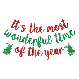 Red Glitter It's the Most Wonderful Time of the Year Banner, Holly Berry Xmas Tree Bells Christmas Holiday Decor, Merry Christmas Winter Party Mantle Decorations Supplies