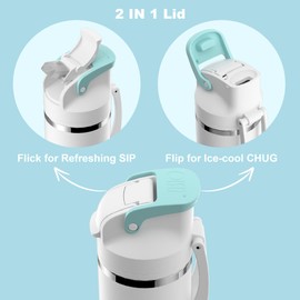 2 IN 1 Lid Insulated Water Bottle,24oz Stainless Steel Water Bottle with Straw Nozzle and Swig,Vacuum Thermos with Portable Handle and Silicone Straw,Leakproof,Wide Mouth,BPA Free,Keep Cold for 24hrs