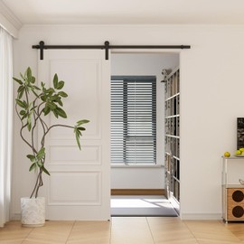 CCJH 8FT Single Sliding Barn Door Hardware Kit Black Carbon Steel Hanger Flat Track System for Closet Kitchen 1 Door 48 inch Wide, Smoothly and Quietly I Shape Roller