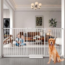 COSEND Extra Wide Baby Gates Large Long Dog Gates for Doorways Stairs Pressure Mounted Dog Pet Gate Walk Through Metal Child Indoor Safety Gates (White, 76.38"-81.10"/194-206CM)
