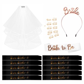 Hen Party Accessories Set of 15 - Bride to Be Sash and Veil Tiara Team Bride Sash Tattoos, Wedding Bride Sash and Tiara Veil Hen Do Accessories for Bridal Shower Hen Party Decorations White + Black