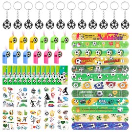 Pack of 58 Football Party Bags Children's Birthday Boy Give Aways Football with Whistle Snap Bracelet Children's Gift Bags Tattoo Key Ring Football Party Decoration for Children's Birthdays