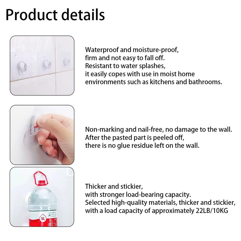 Sndperiexam 20 Pcs Waterproof Adhesive Wall Hooks for Hanging, Clear