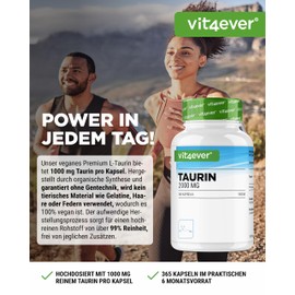 vit4ever Taurine, 365 capsules, extra high dose with 2000 mg per daily dose (2 capsules), over 99% purity, without unnecessary additives, vegan