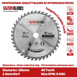 TCT18540T20B TCT Circular Saw Blade 185mm x 40T x 20mm Bore (16mm ring) fits Evolution Bosch Makita etc