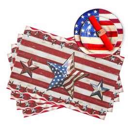 4th of July Placemats American Flag Stars Place Mats for Dining Table Vintage Red Stripes Independence Day Washable Table Mats for Kitchen Dining Decorations Set of 6