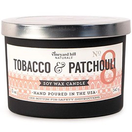 Vineyard Hill Naturals Matte Black Letterpress 3-Wick Scented Candle, 12-Ounce, Tobacco & Patchouli