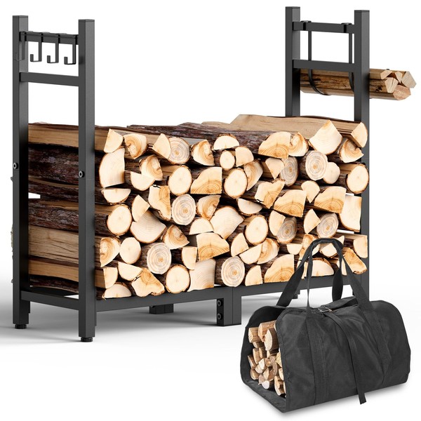 Brightown Indoor Firewood Rack and Log Carrier - 34 Inch Adjustable Wood Storage With Kindling Hooks and Heavy Duty Holder for Fireplaces and Decks, Black