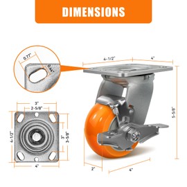 CWfutureparts 4"X2" Caster Wheels,Heavy Duty Industrial Casters,Orange Crown Tread Polyurethane on Aluminum Industrial Casters,Roller Bearing,1 Swivel Top Lock Brake Caster,800lbs Load Capacity
