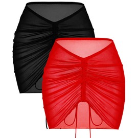 AI'MAGE 2 piezas para mujer, para playa, pareo corto, de gasa, con cordón, fruncido, S-XXL, Negro y rojo, M