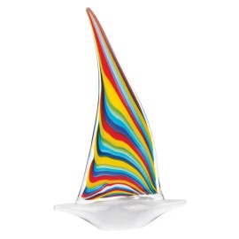 Homeroots 14" Clear Red Blue Yellow Murano Glass Sailboat Tabletop Sculpture