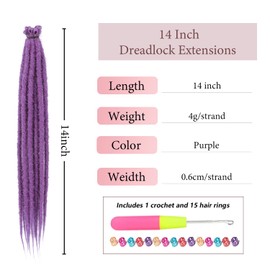Synthetic Dreadlock Extensions 14inch Pluple Thin DE 0.6cm 10 Strands Hippie Style Dread Dread Braids for Women and Men(14Inch Pluple#)
