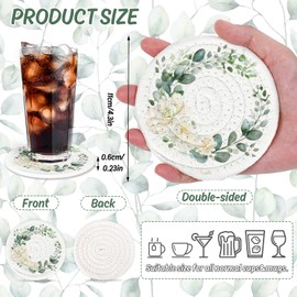 Whaline Eucalyptus Floral Cotton Coasters Flower Leaves Handmade Braided Drink Coasters Green Absorbent Cup Coasters for Party Home Office Table Decoration, Set of 4