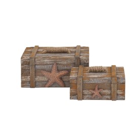 Deco 79 Wood Starfish Handmade Decorative Box Distressed Decorative Keepsake Boxes with Knotted Rope Details, Set of 2 Storage Boxes 10", 7"W, Brown