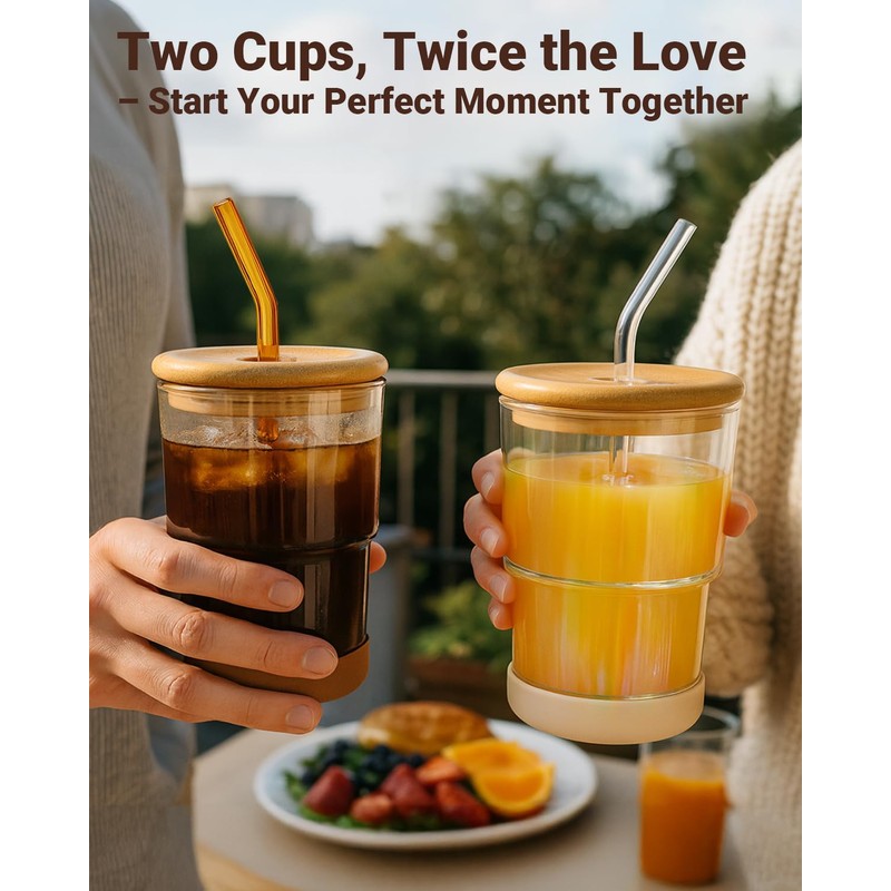 Zukro 13oz/400ml Glass Iced Coffee Cup with Bamboo Lid and