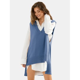 EXLURA Womens Oversized Sweater Vest Knit V Neck Tunic Casual Sleeveless Long Pullover Tank Tops Fall Winter Trendy 2025 Blue
