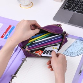 WONDERPOOL Pen Case Real Leather Pencil Pouch Markers Holder Big Capacity Bag with Side Zippered Pocket Sleeve for Stationery Makeup Utensils Organizer (Purple)
