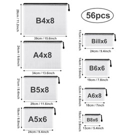 EOOUT 56pcs Mesh Zipper Pouch, 8 Sizes Waterproof Zipper Bags, Plastic Zip File Docunment Folders, Multipurpose for Board Games Travel Storage, School Supplies, and Home Organization, Black