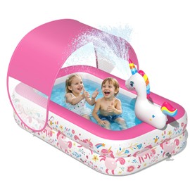 JOSEN Kiddie Pool with Canopy and Sprinkler, Inflatable Baby Pool with Soft Cushioned Floor, Portable Toddler Blow Up Pool Ball Pit for Backyard, Outdoor/Indoor Play Toys (Pink)