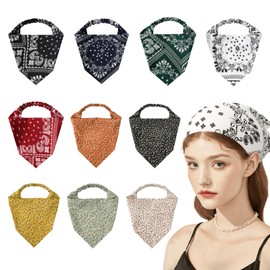 ANNUOZE 10PCS Hair Scarf Headband for Women, Classic Paisley & Floral Print Triangle Head Bandanas, Elastic Hair Kerchief, Boho Chiffon Head Scarf