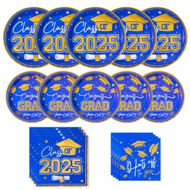 Tyzarglef 2025 Graduation Plates and Napkins ,Blue and Gold Class of 2025 Congrats Tableware,Disposable Luncheon Plates & Cocktail Napkins for Graduation Party Decorations,Serve 30