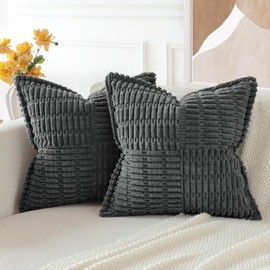 JOTOM Set of 2 Corduroy Soft Cushion Covers with Splicing 45x45 cm Striped Decorative Throw Pillow Covers Square Cushion Case Home Boho Decor Pillow Cases for Couch Sofa Bed 18x18 Inch (Dark Grey)