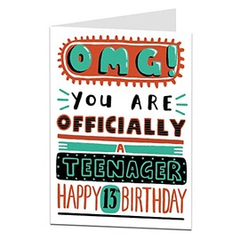 Funny 13th Birthday Card For Girl Or Boy. OMG 13 Today Officially A Teenager. Perfect For Son, Daughter, Grandson, Granddaughter, Niece & Nephew