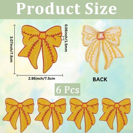 CABODYALS 6Pcs Yellow Bow Patches Iron On Baseball Pattern Embroidered Sew On Embellishment Applique Badge Bowknot Sports Repair Patch for Sewing Making Clothing Hats Backpacks Decor DIY Craft Supply