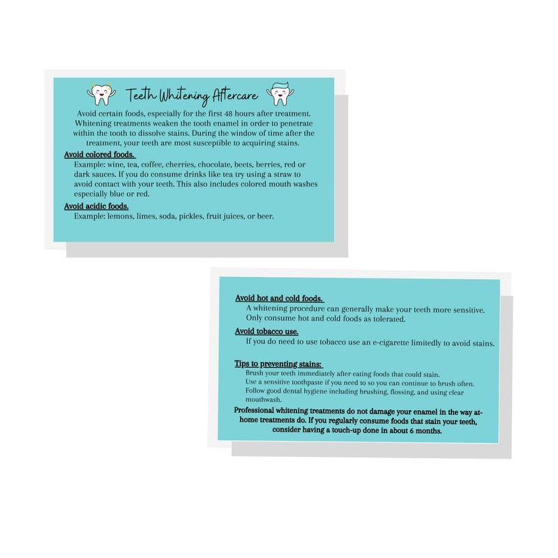 Professional Teeth Whitening Aftercare Instructions Cards | Package of 50