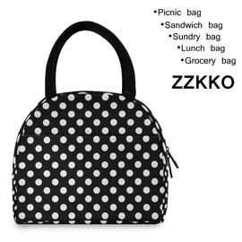 ZZKKO Polka Dot Black and White Lunch Bag Box Tote Organizer Lunch Container Insulated Zipper Meal Prep Cooler Handbag For Women Men Home School Office Outdoor Use
