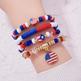 Holiday Heishi Surfer Bracelet Set for Women Rainbow Pride Month Cinco De Mayo Juneteenth Independence Day Beaded Stretch Bracelet Polymer Clay Stackable Charm Bracelets Y2k Jewelry -Style 1