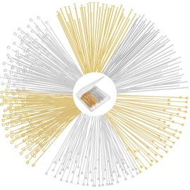 Unittype 600 Pcs Eye Pins for Jewelry Making 50 mm DIY Ball Flat Head Pins with Plastic Box for Craft Earring Bracelet Necklace Pendant(2 Inch,Gold, Silver)