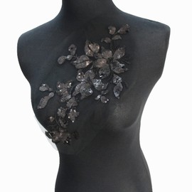 SUNMOVE Embroidery Sequin Lace Applique Sewing Flower Fabric Collar Patch for Wedding Gown Dress Bridal DIY Crafts(Black)