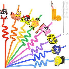 Realure 16Pcs Reusable Drinking Straws with Cleaning Brush Curly Hard Plastic Pirate Theme Straws Colorful Novelty Cartoon Party Fun Straws for Kids Birthday Party Decorations Family Gatherings Party
