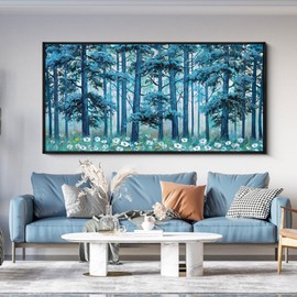 XLSJERST Blue Tree Canvas Wall Art Forest Landscape Picture Modern Birch Trees Nature Teal Abstract Painting Artwork Large Size Framed for Home Office Living Room Bedroom Wall Decor