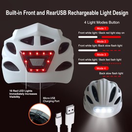 Adult Bicycle Helmet with Safety-Certified USB Port Featuring Adjustable Front and Rear LED Lights Suitable for MTB Road Bikes, Mountain Bikes, Electric Bikes, Scooters (Matte White, L 58-61MM)