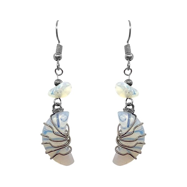Wire Wrapped Crescent Moon Gemstone Earrings Healing Crystal Dangles -