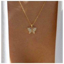 Inilbran Boho Crystal Butterfly Necklace Vintage Butterfly Choker Necklace Gold Butterfly Pendant Necklace Minimalist Butterfly Chain Necklace Jewellery for Women and Girls, Zinc