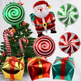 28pcs Christmas Foil Balloons, Christmas Balloons Set with 2 Ribbons Candy Cane Christmas Balloons Christmas Birthday Party Decorations for Candies Theme Party Decorations (10 Styles)
