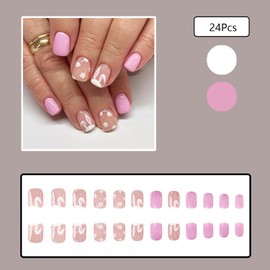 24Pcs Pink Easter Press on Nails Short Square Fake Nails Reusable False Nails with Flower Rabbit Ears Design Spring Floral Nails Artificial Nails Press ons Cute Easter Stick on Nails for Women