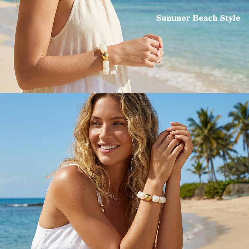 ENSKEFEN Cream White Chunky Beaded Bracelet for Women Bold Big
