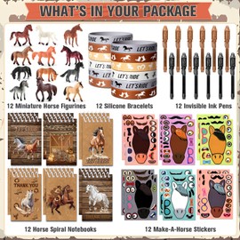 vamei 60Stk Pferde Mitgebsel Kindergeburtstag Give Aways Gastgeschenke mit Notizbuch UV Zauberstifte Pferde Figuren Silikonarmband DIY Stickers Pferde Party Mitbringsel Pinata Füllung